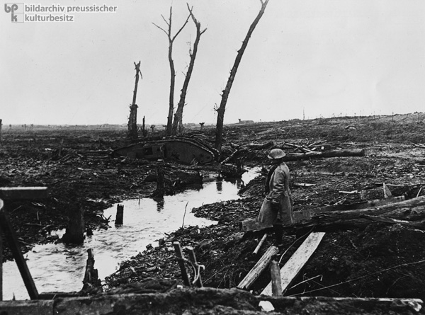 Devastated Landscape near Ypres with Destroyed British Mark IV Tank (1917)